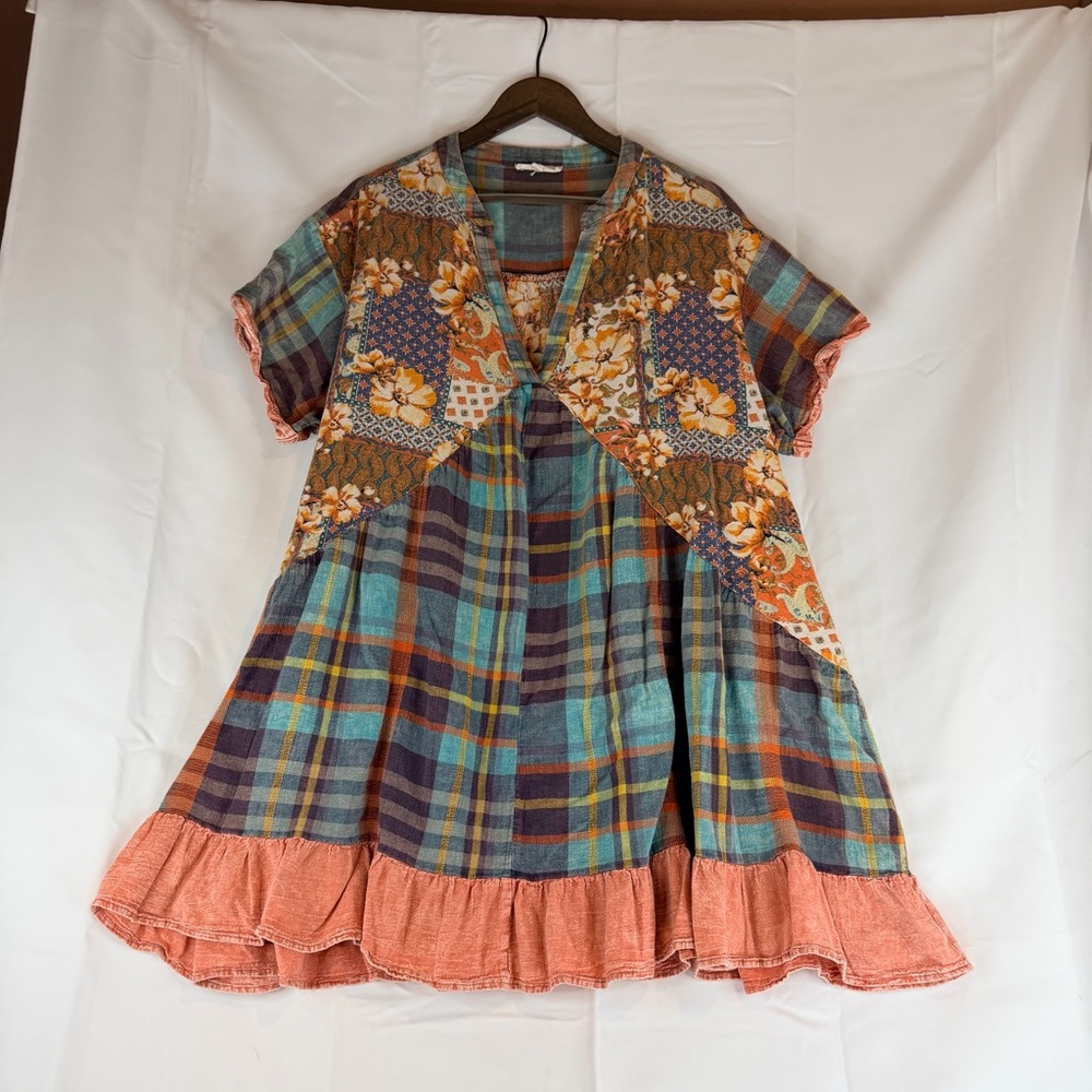 OLI & HALI Women’s Size M Dress Mini Oversized Boho Plaid Floral V Neckline - Picture 3 of 15